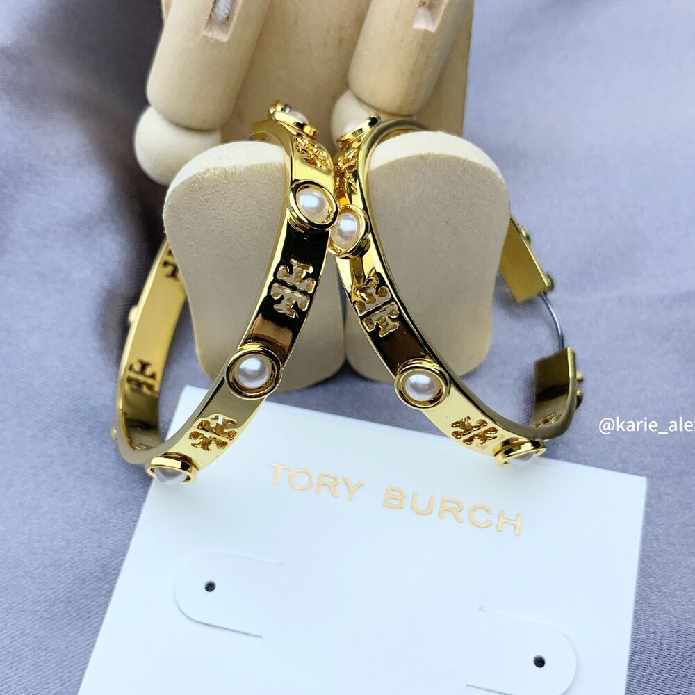 Tory Burch Pierced Pearl Hoop Earrings - GOLD with Dust Bag